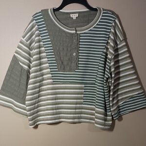 POL Oversized Green and Cream Striped 1/2 Button Waffle Thermal Shirt